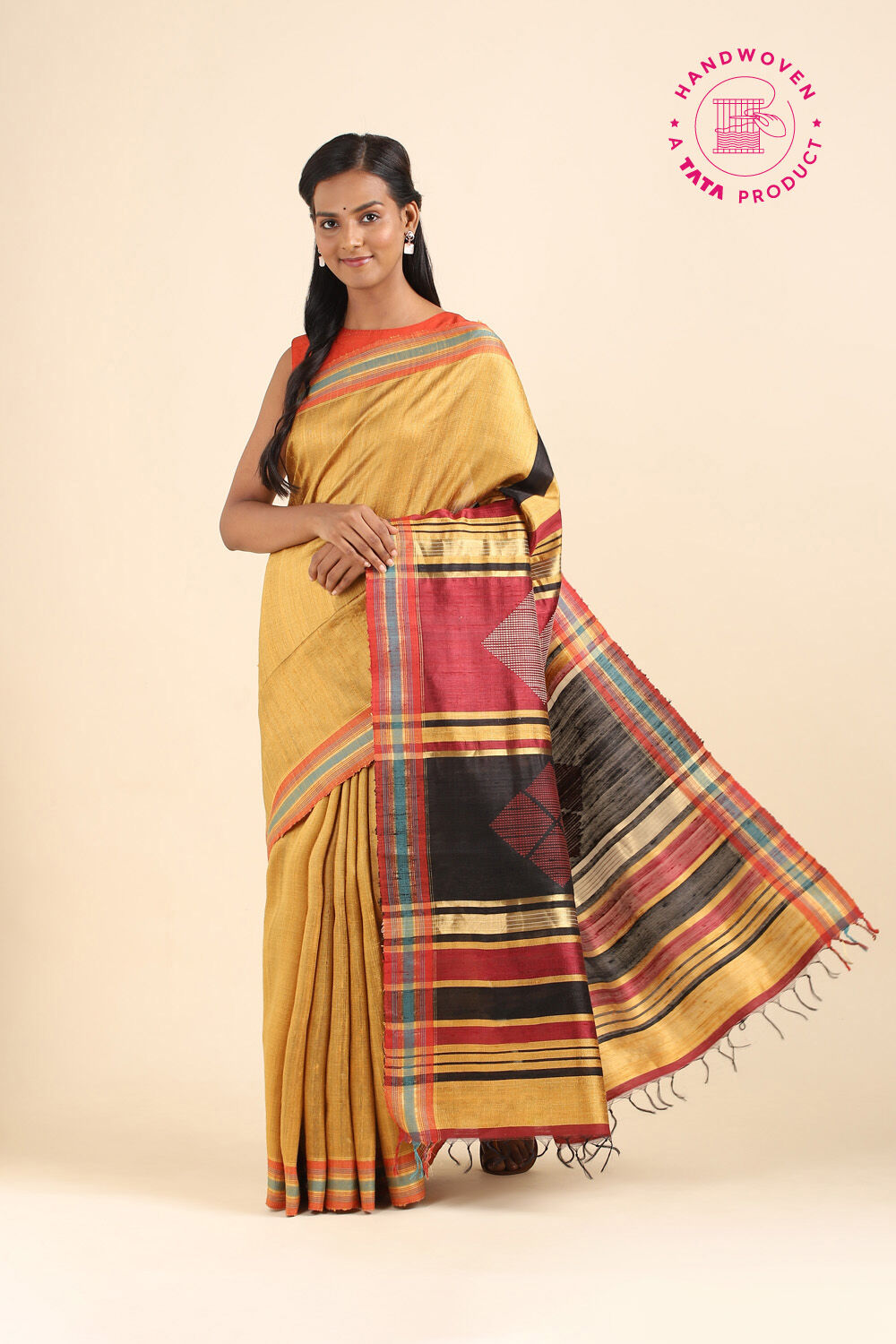 Dark Yellow Pure Tussar Silk Bhagalpuri Saree image number null