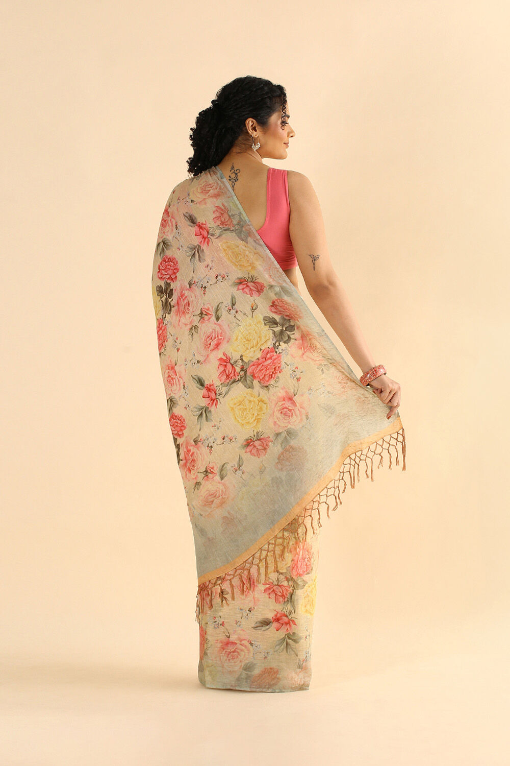 Beige Pure Linen Digital Printed Saree image number null