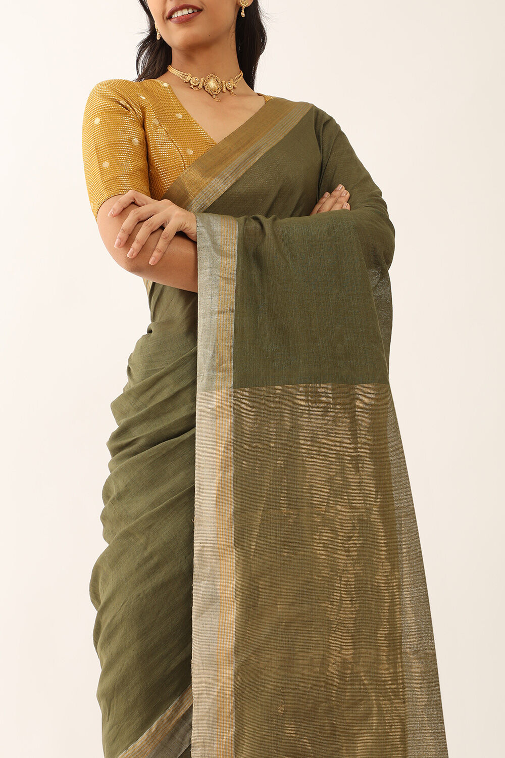 Green Woven Pure Silk Cotton Bengali Saree image number null