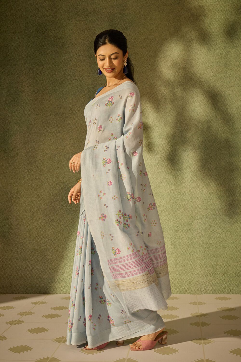Light Blue Pure Silk Cotton Mukaish Saree image number null
