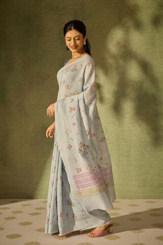 Light Blue Pure Silk Cotton Mukaish Saree thumbnail image number null