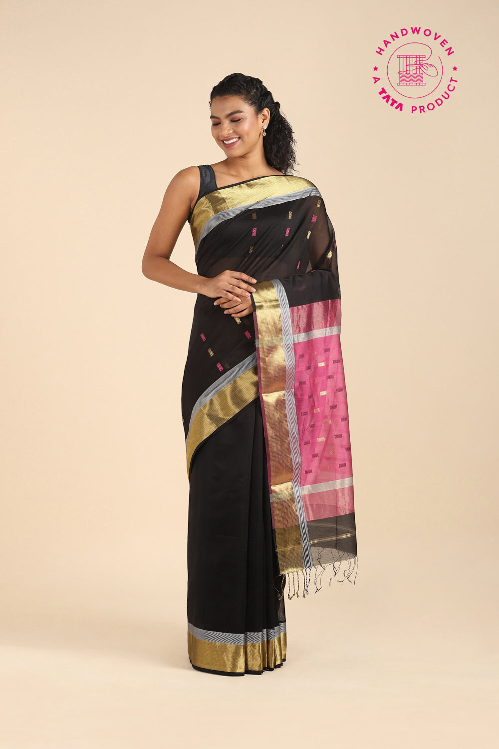 Black Pure Silk Cotton Maheswari Saree image number null