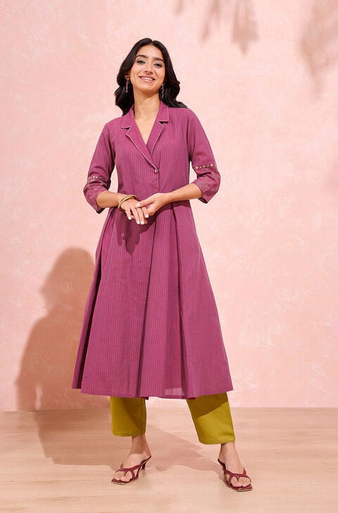 Dark Pink Screen Printed Pure Cotton Kurta