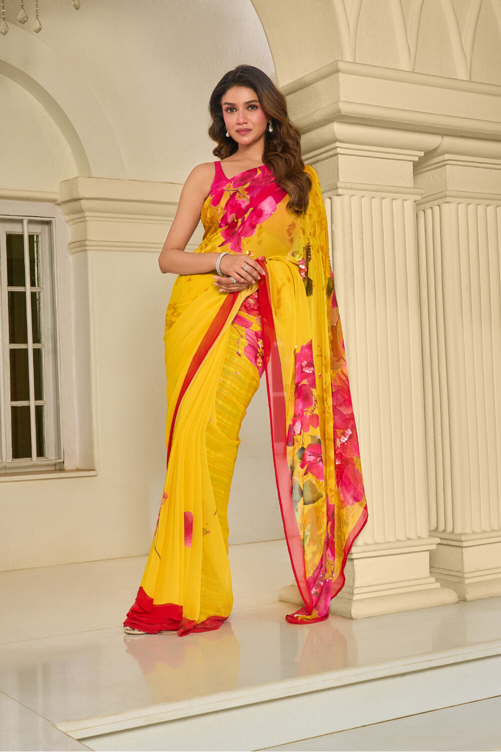 Yellow Bengal Printed Embroidered Viscose Georgette Saree image number null