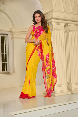 Yellow Bengal Printed Embroidered Viscose Georgette Saree image number
