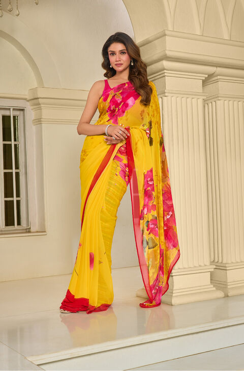 Yellow Bengal Printed Embroidered Viscose Georgette Saree