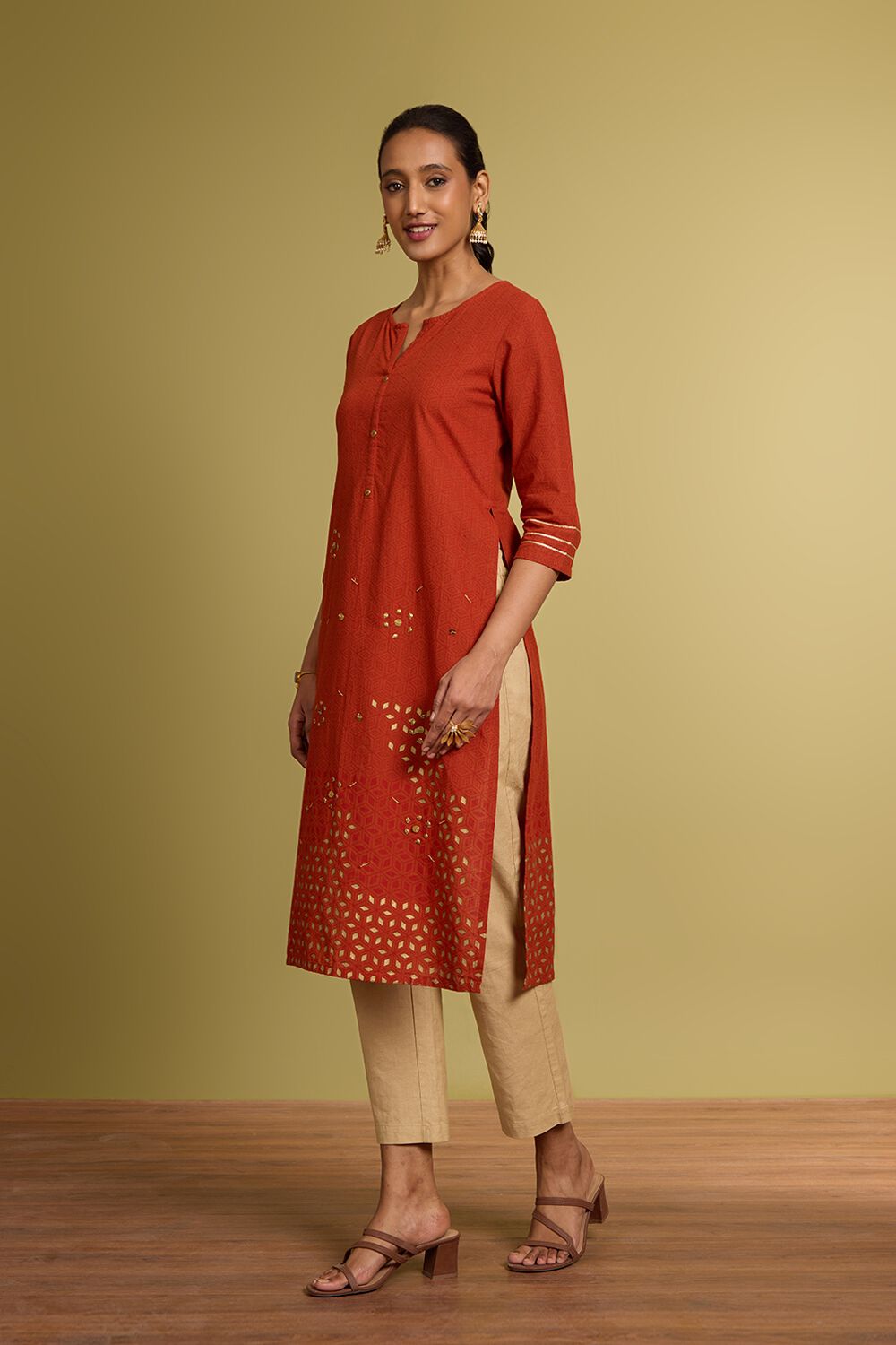 Orange Block Printed Pure Cotton Kurta image number null