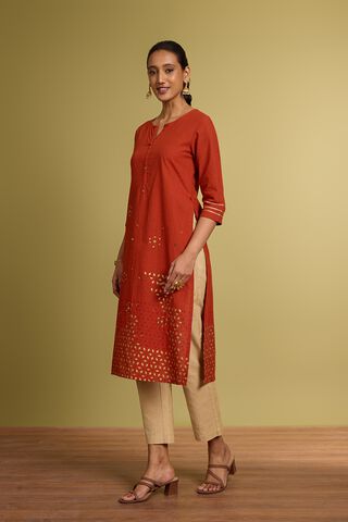 Orange Block Printed Pure Cotton Kurta thumbnail image number null
