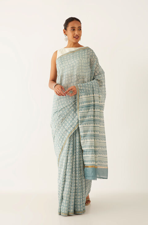 Grey Pure Silk Cotton Dabu Block Printed Saree