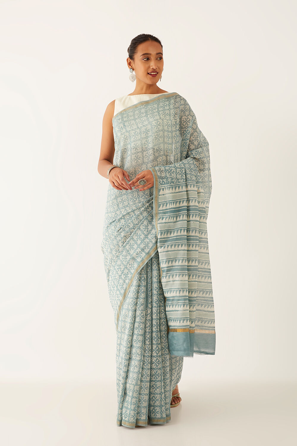 Grey Pure Silk Cotton Dabu Block Printed Saree image number null