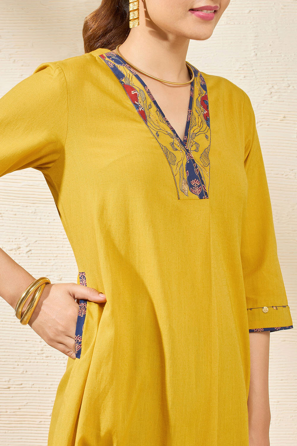 Yellow Pure Cotton Applique Kurta image number null