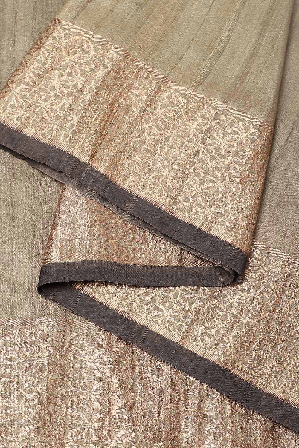 Grey Pure Silk Tussar Bagru Print and Zardosi Embroidered Saree image number null