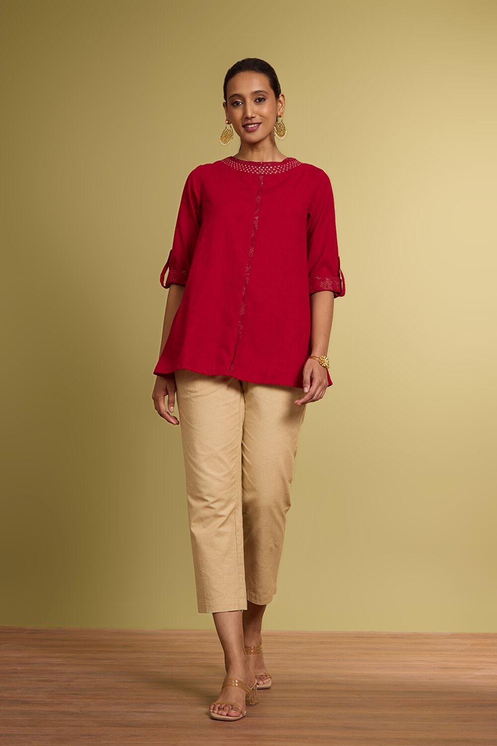 Dark Red Woven Pure Cotton Short Top image number null