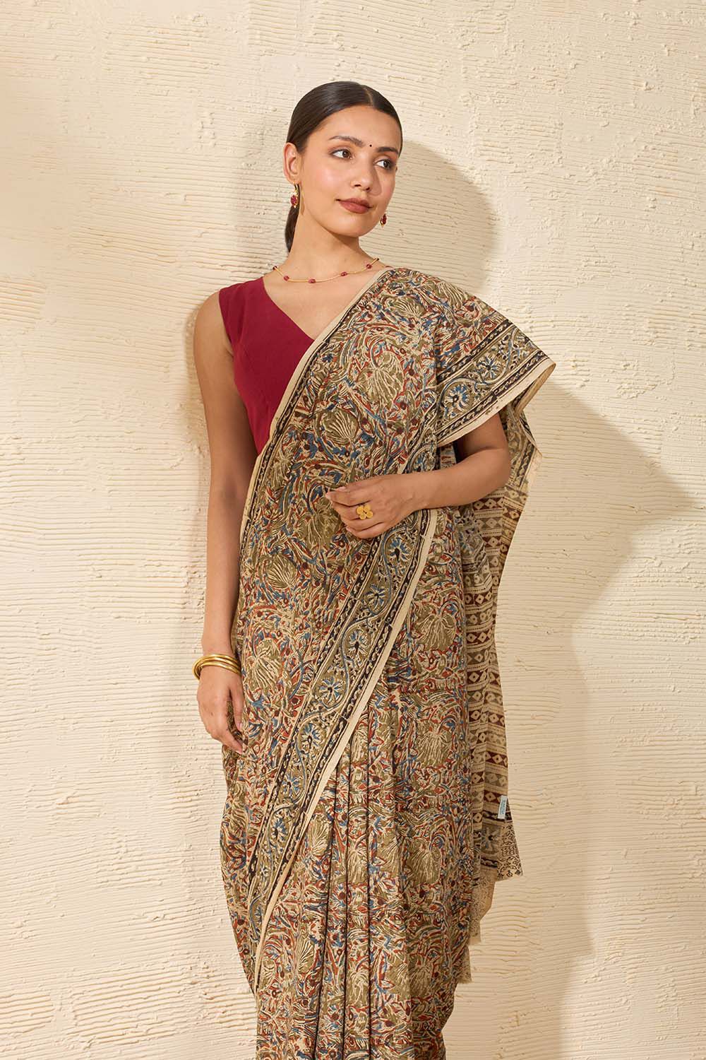 Dark Green Printed Kalamkari Machilipatnam Pure Cotton Saree image number null