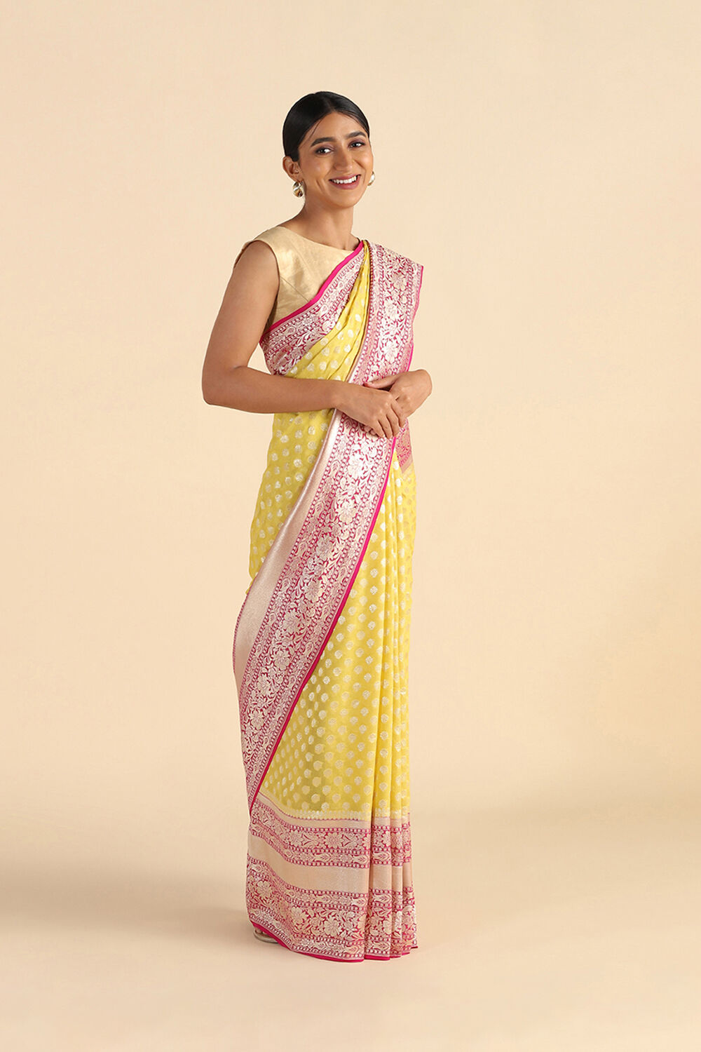 Light Yellow Handwoven Banarasi Pure Georgette Saree image number null