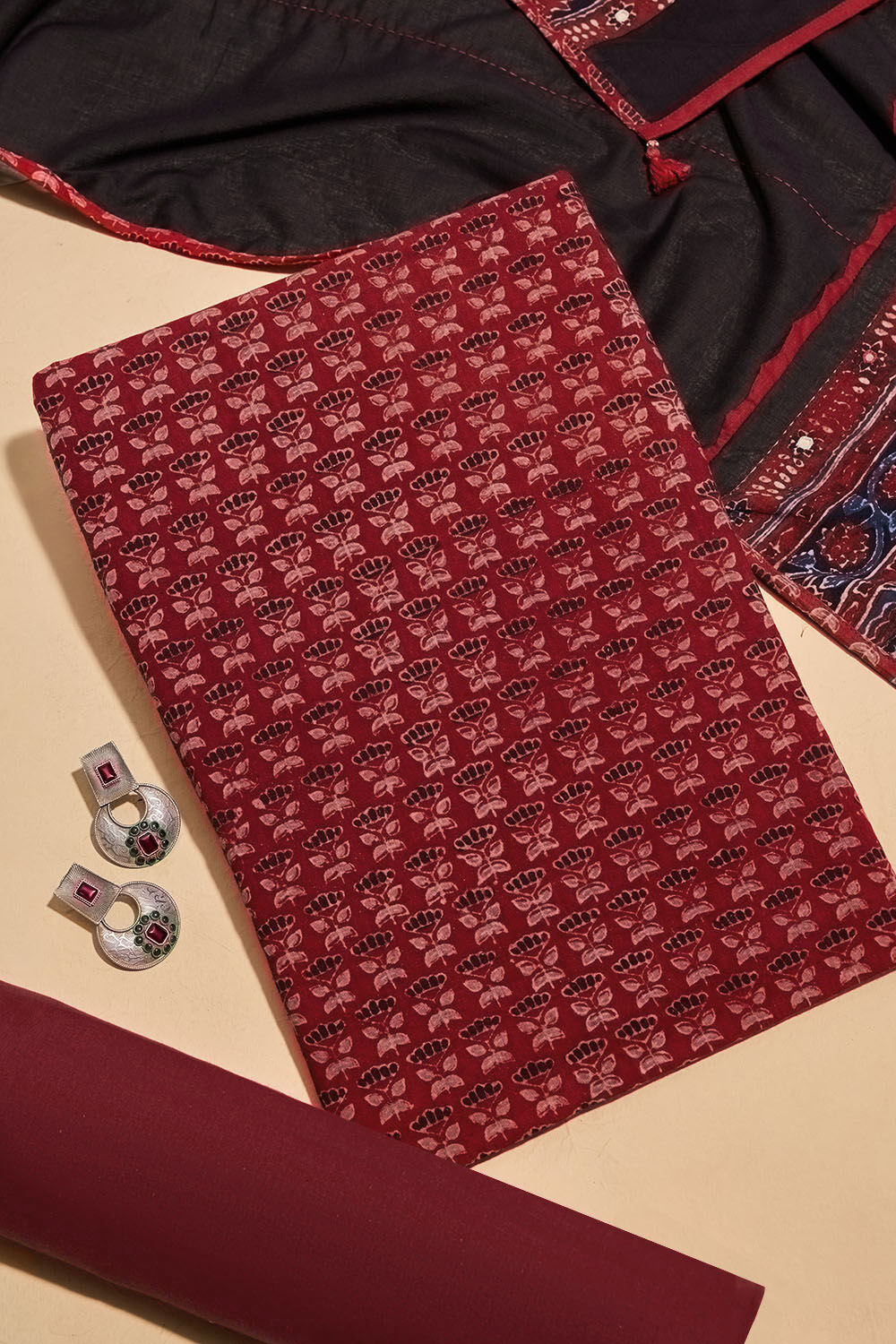 Red Pure Cotton Ajrakh Unstitched Suit Set image number null