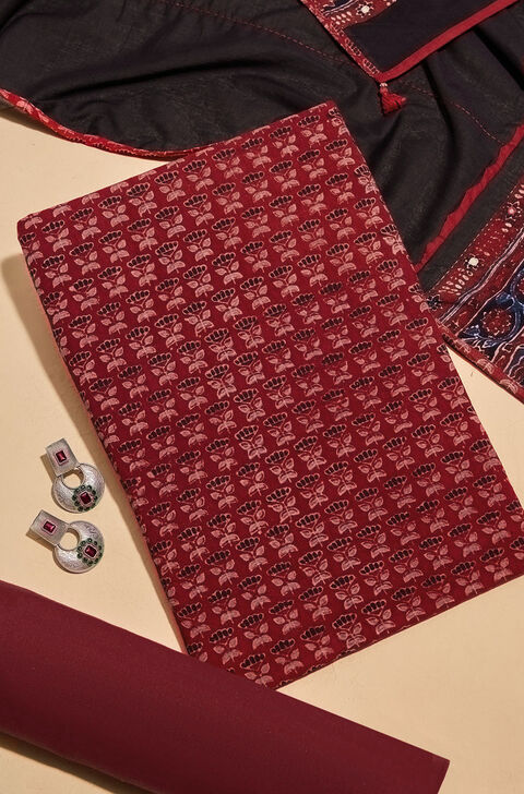 Red Pure Cotton Ajrakh Unstitched Suit Set