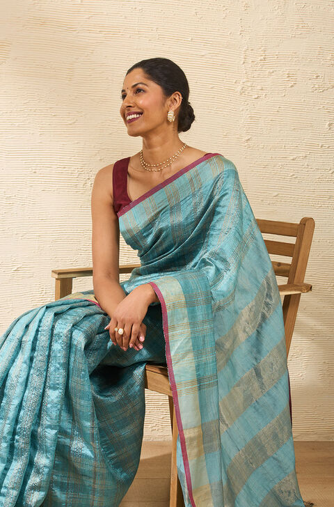 Light Blue Bhagalpur Woven Pure Tussar Silk Saree