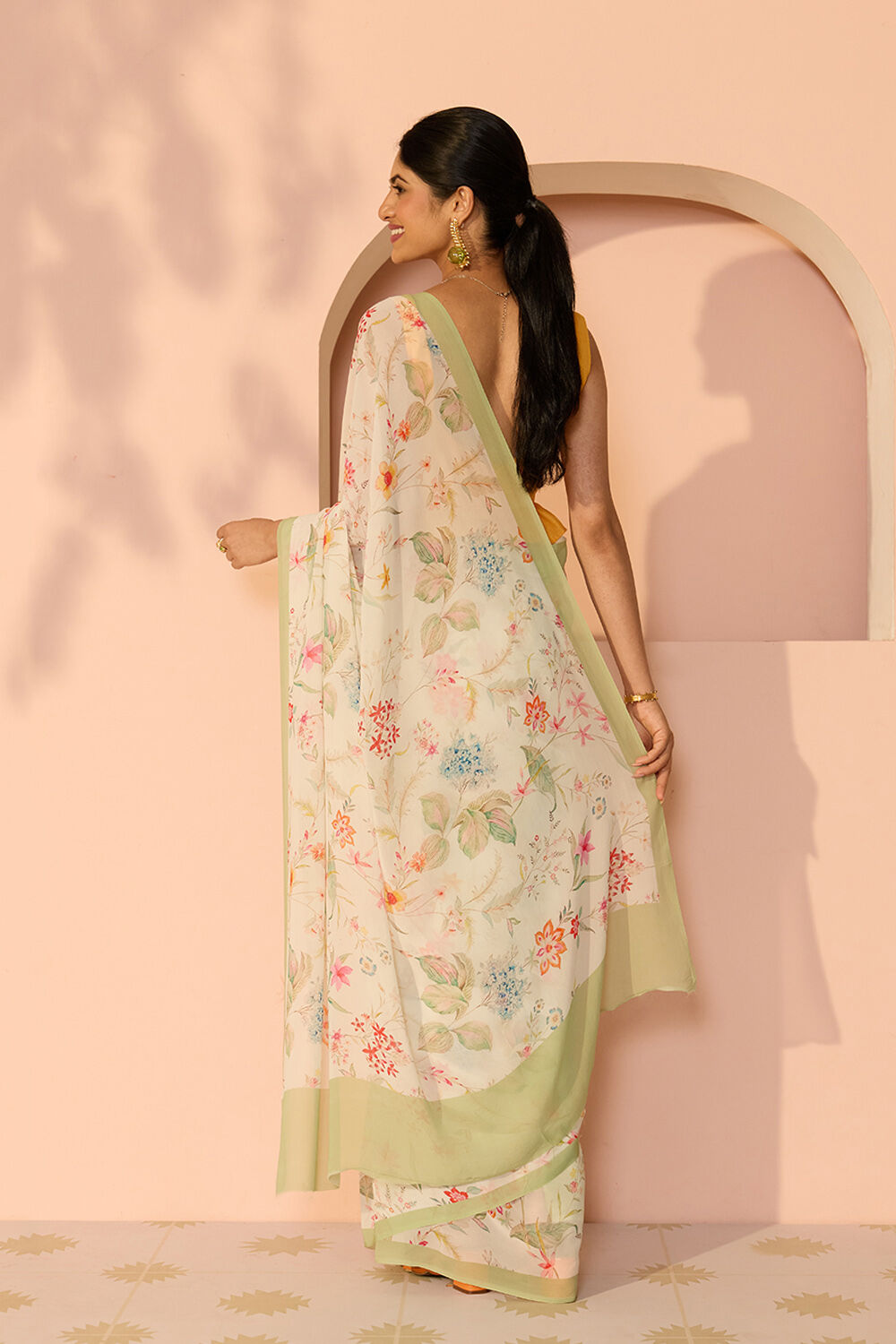 Off White Printed Viscose Georgette Saree image number null