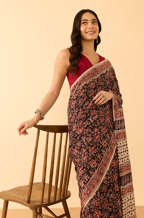 Black Printed Kalamkari Machilipatnam Pure Cotton Saree