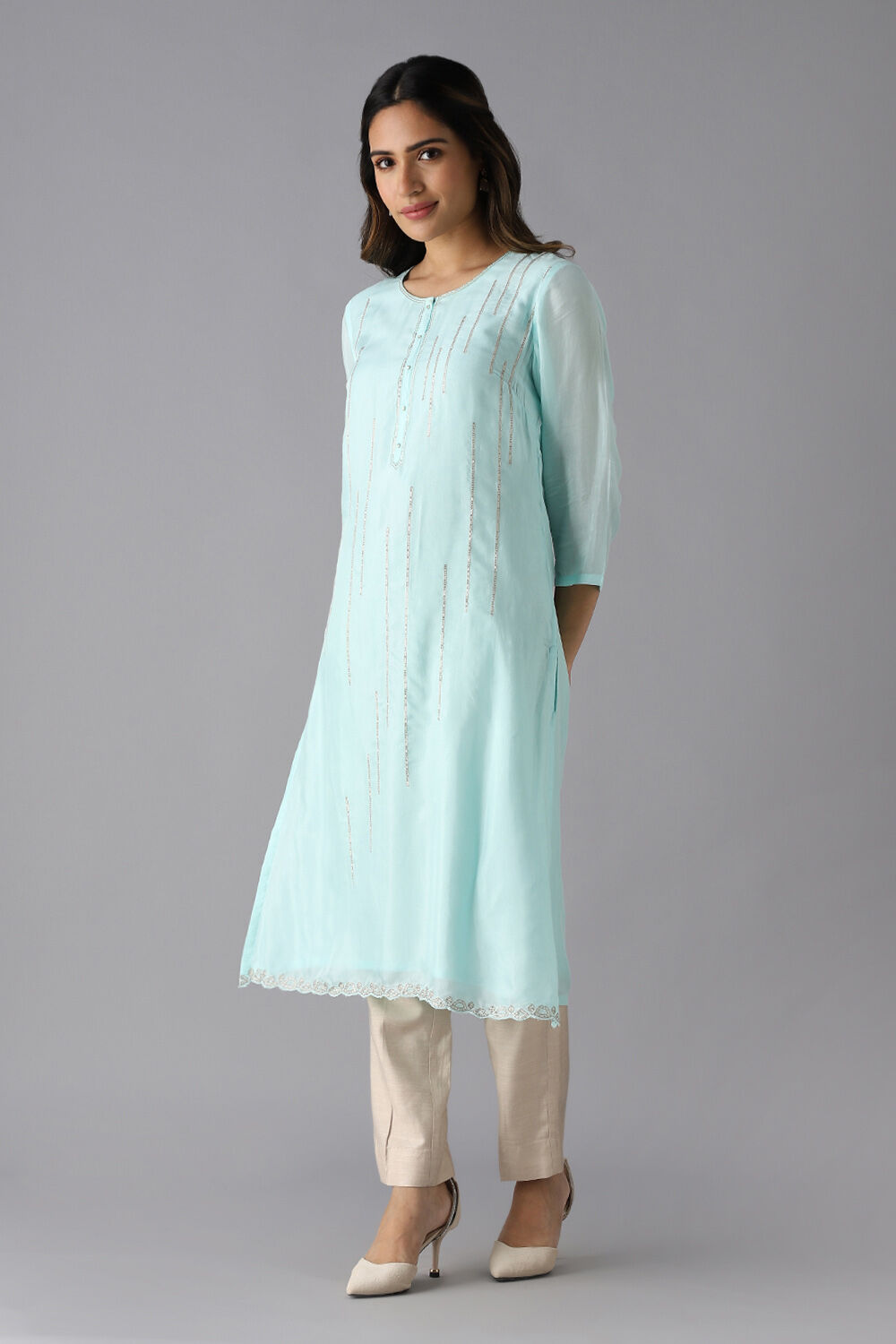 Light Blue Viscose Embroidered Kurta image number null