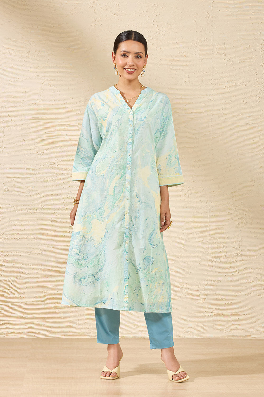 Light Blue Pure Cotton Marble Printed Kurta Set image number null