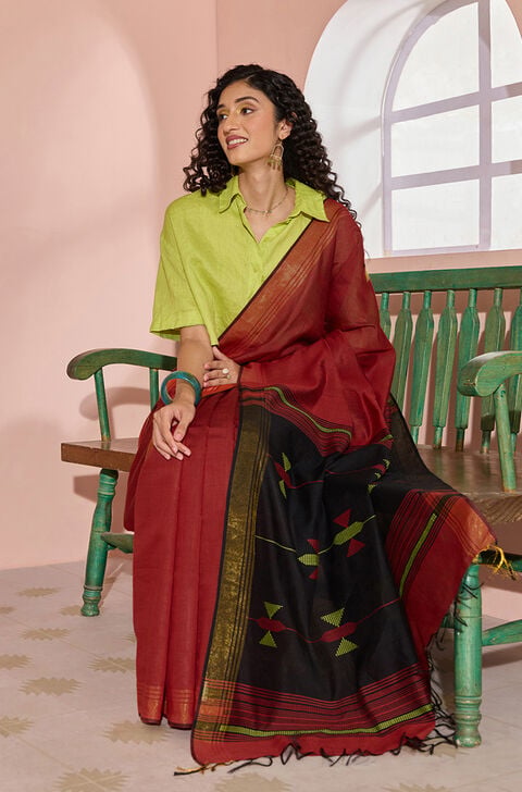 Dark Red Woven Silk Viscose Bhagalpur Saree