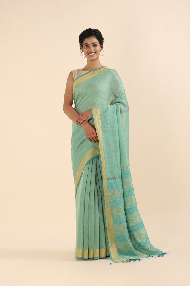 Green Pure Silk Linen Bhagalpuri Saree