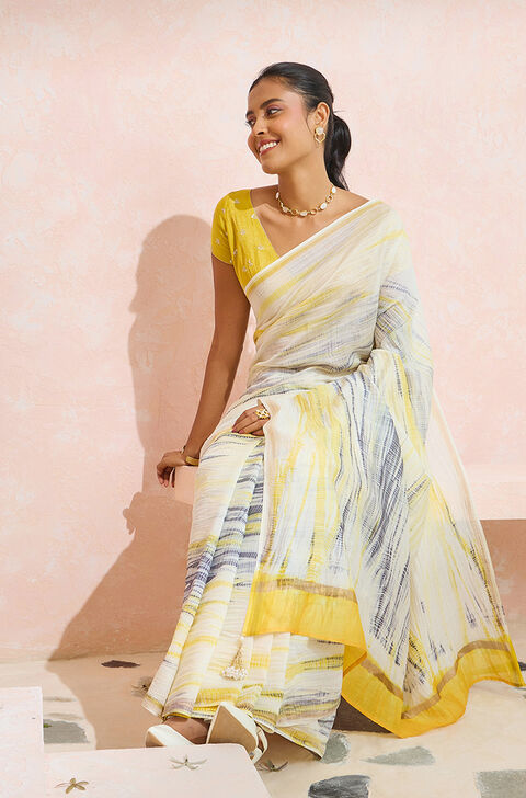 Light Yellow Pure Silk Cotton Tie and Dye Saree