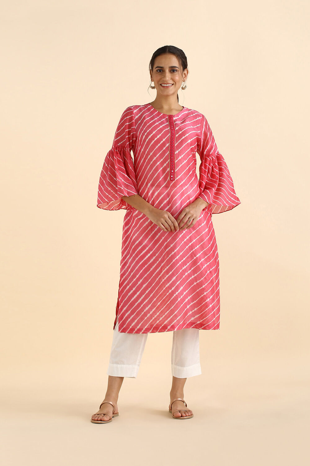 Light Pink Silk Cotton Mirror Work Kurta image number null