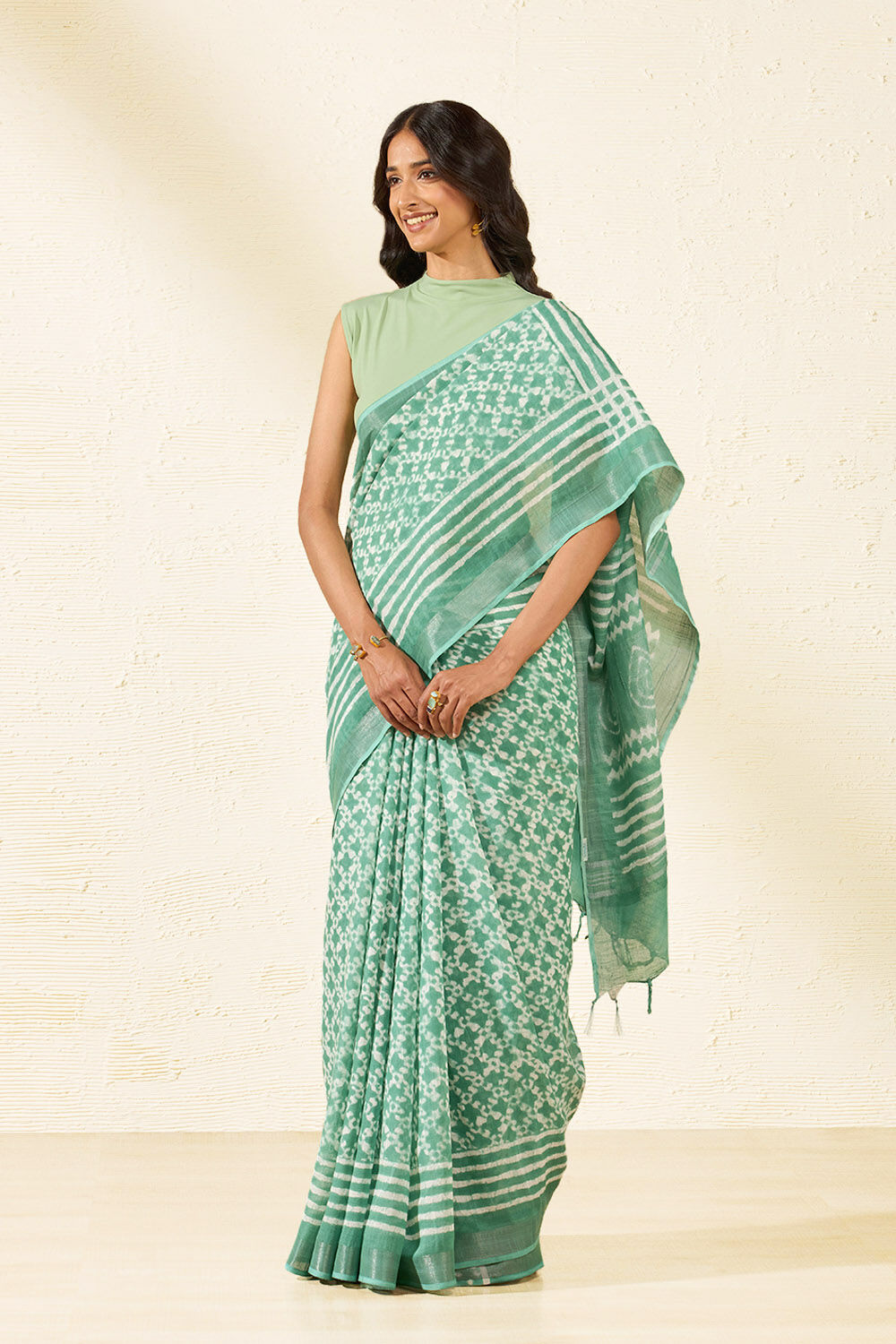 Light Green Block Printed Cotton Viscose Saree image number null