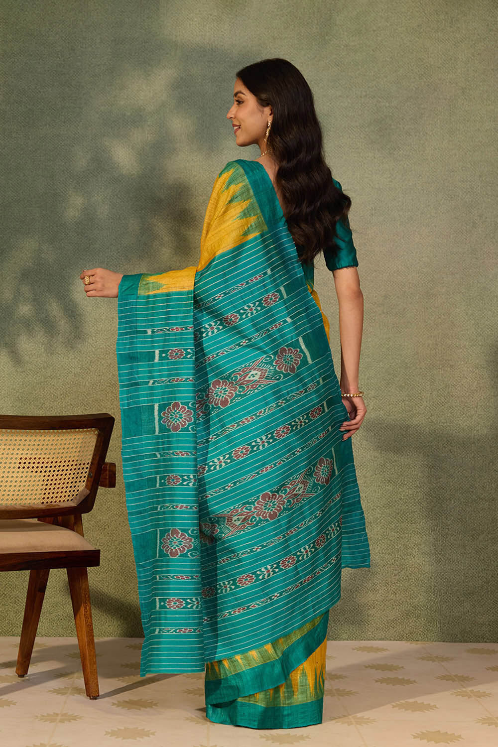 Yellow Pure Tussar Silk Ikat Saree image number null