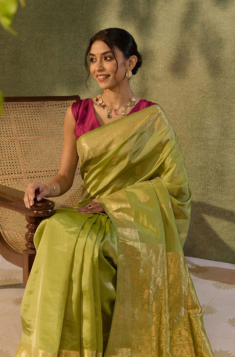 Green Silk Viscose Kadwa Banaras Inspired Design Saree