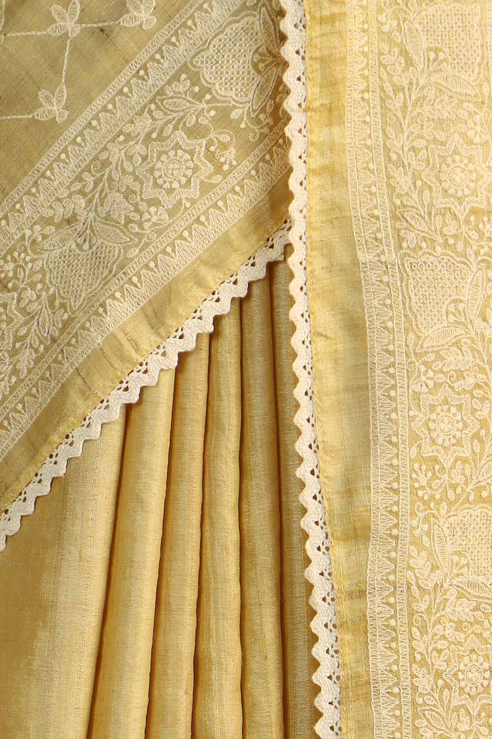 Yellow Pure Tussar Embroidered Saree image number null