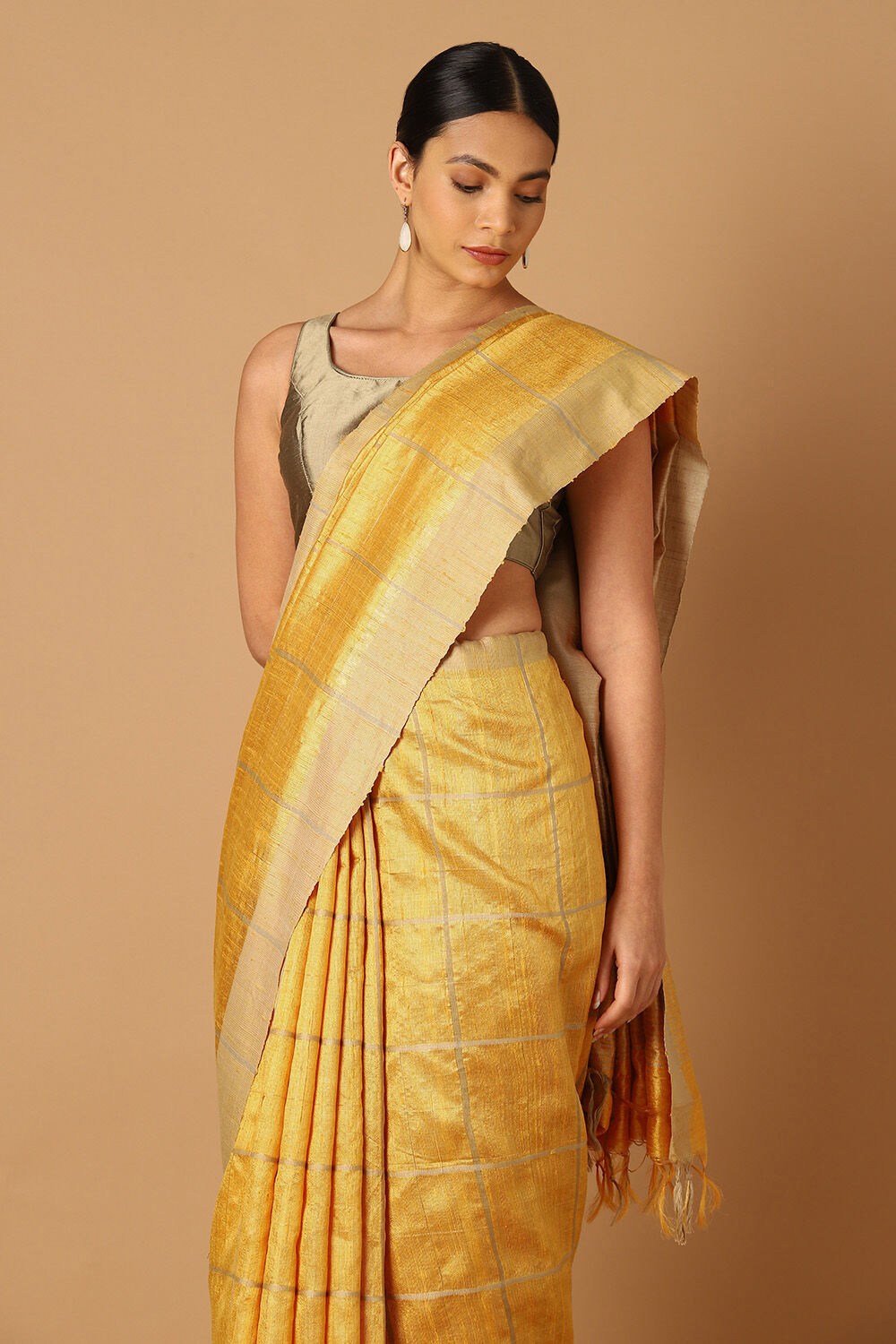 Yellow Pure Tussar Silk Bhagalpuri Saree image number null