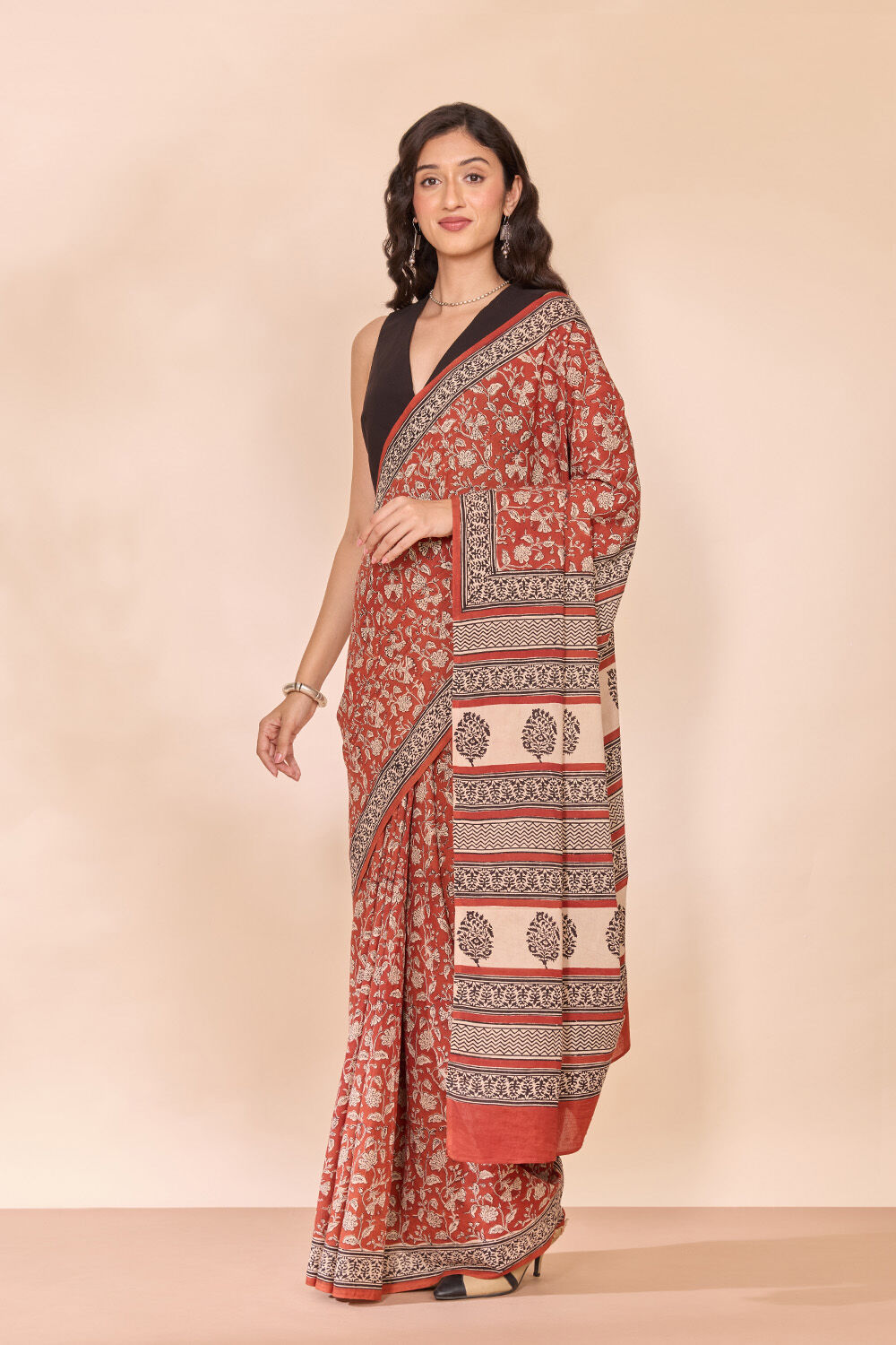 Dark Red Rajasthan Block Printed Pure Cotton Saree image number null