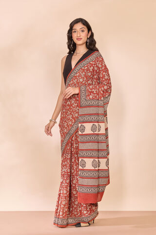 Dark Red Rajasthan Block Printed Pure Cotton Saree thumbnail image number null