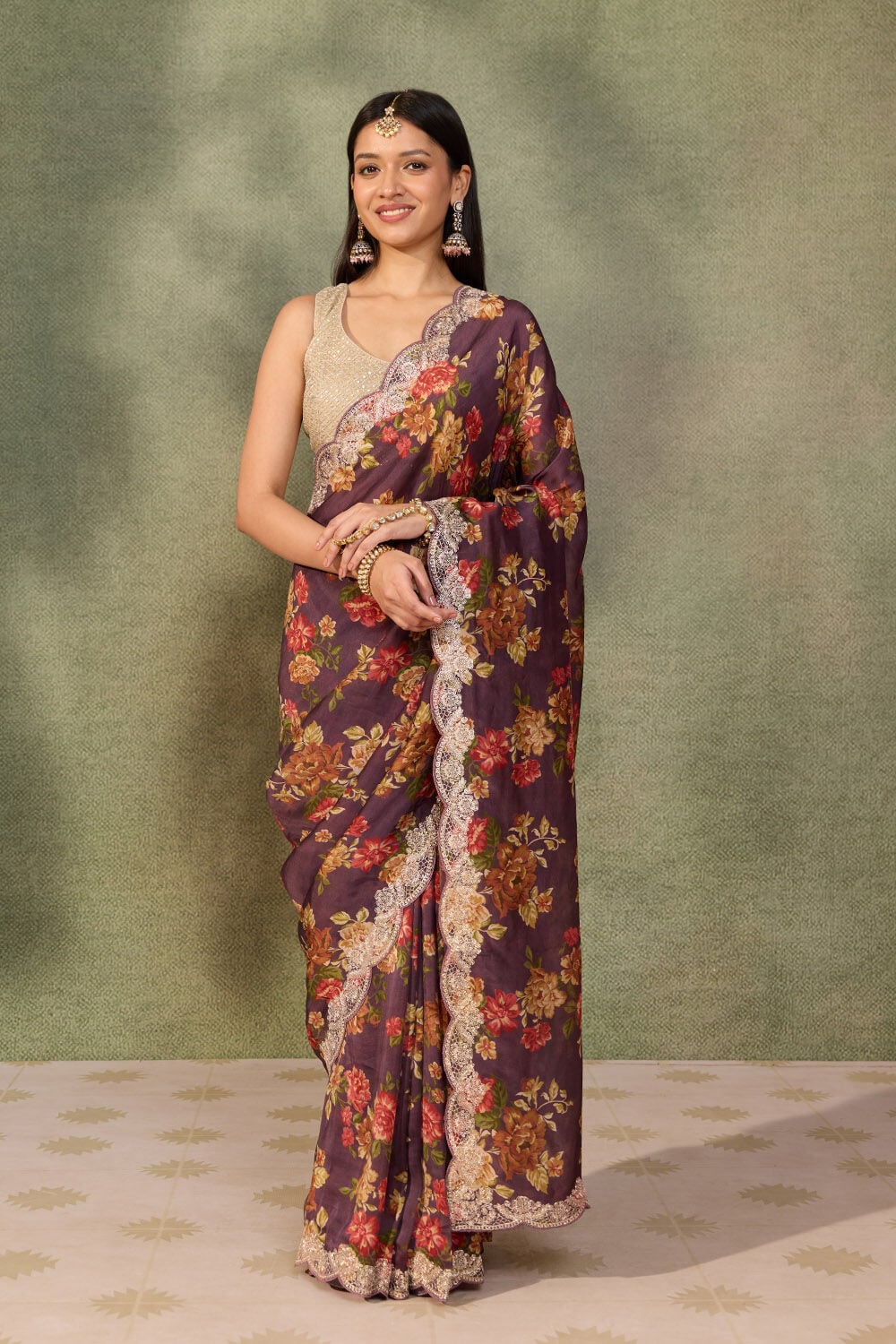 Purple Pure Viscose Printed Embroidered Saree image number null