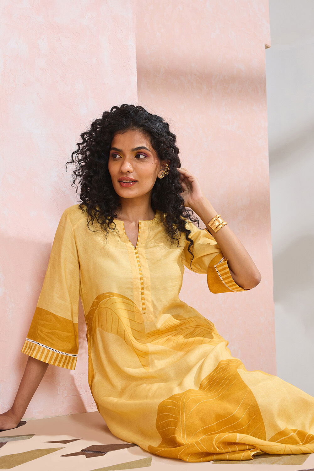 Yellow Printed Viscose Kurta image number null