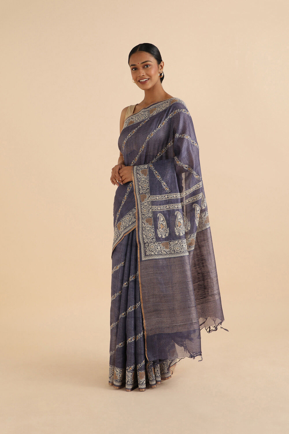Purple Pure Tussar Embroidered Saree image number null