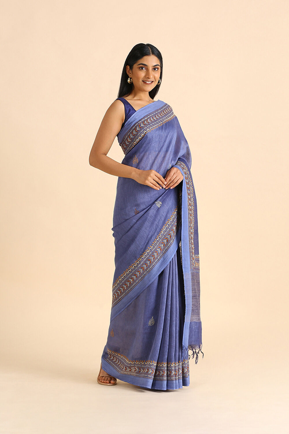 Purple Embroidered Pure Silk Linen Saree image number null