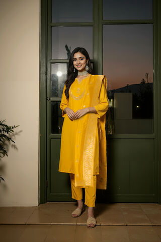 Yellow Viscose Embroidered Kurta Set image number