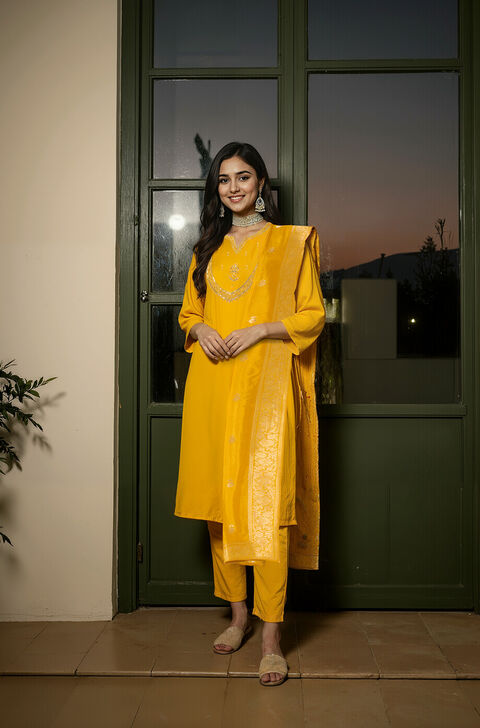Yellow Viscose Embroidered Kurta Set