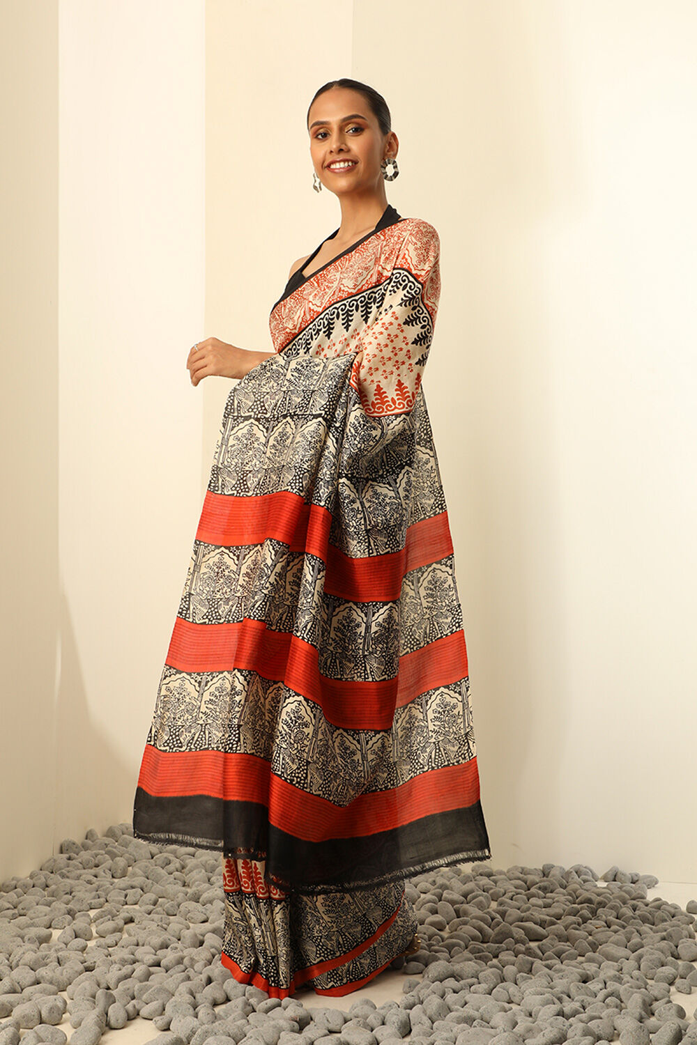 Off White Pure Silk Block Printed Saree image number null
