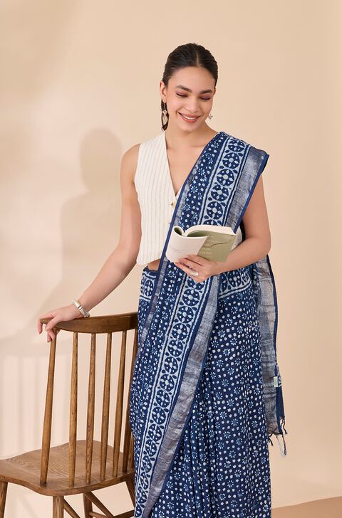 Blue Viscose Cotton Block Printed Saree