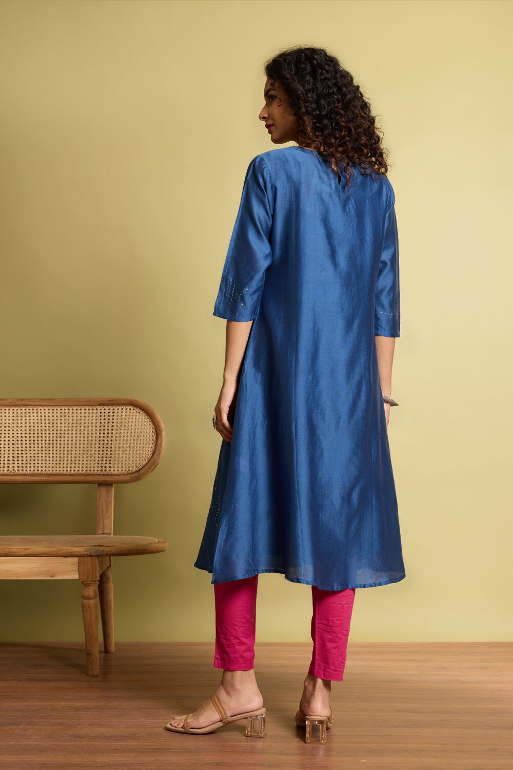 Blue Pure Silk Cotton Mukaish Embroidery Kurta Set image number null