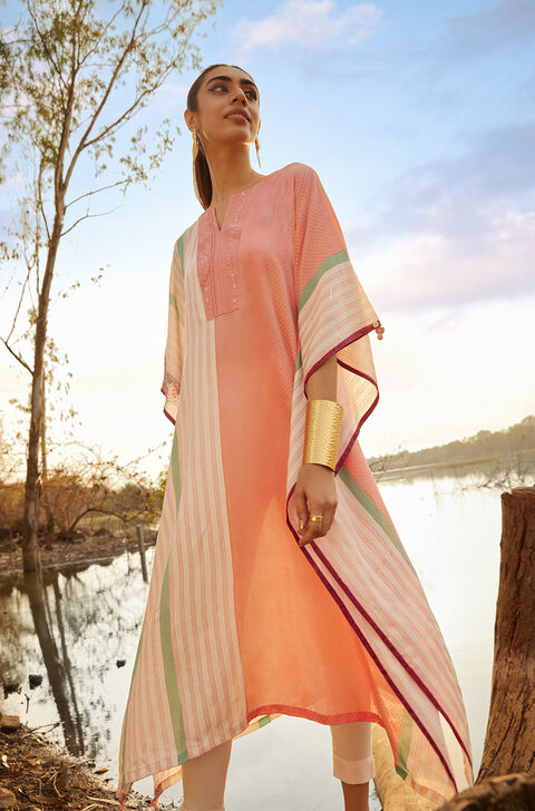 Light Pink Viscose Block Printed Sanganeri Kurta