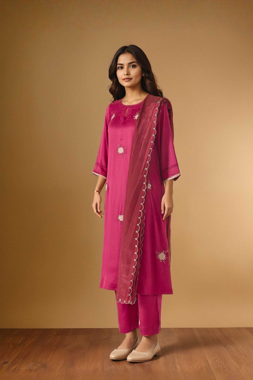Dark Pink Embroidered Pure Viscose Kurta Set image number null