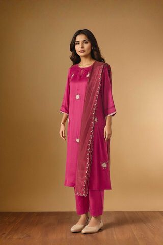 Dark Pink Embroidered Pure Viscose Kurta Set thumbnail image number null