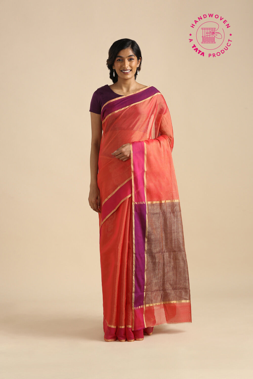 Light Red Pure Cotton Tissue Chanderi Saree image number null